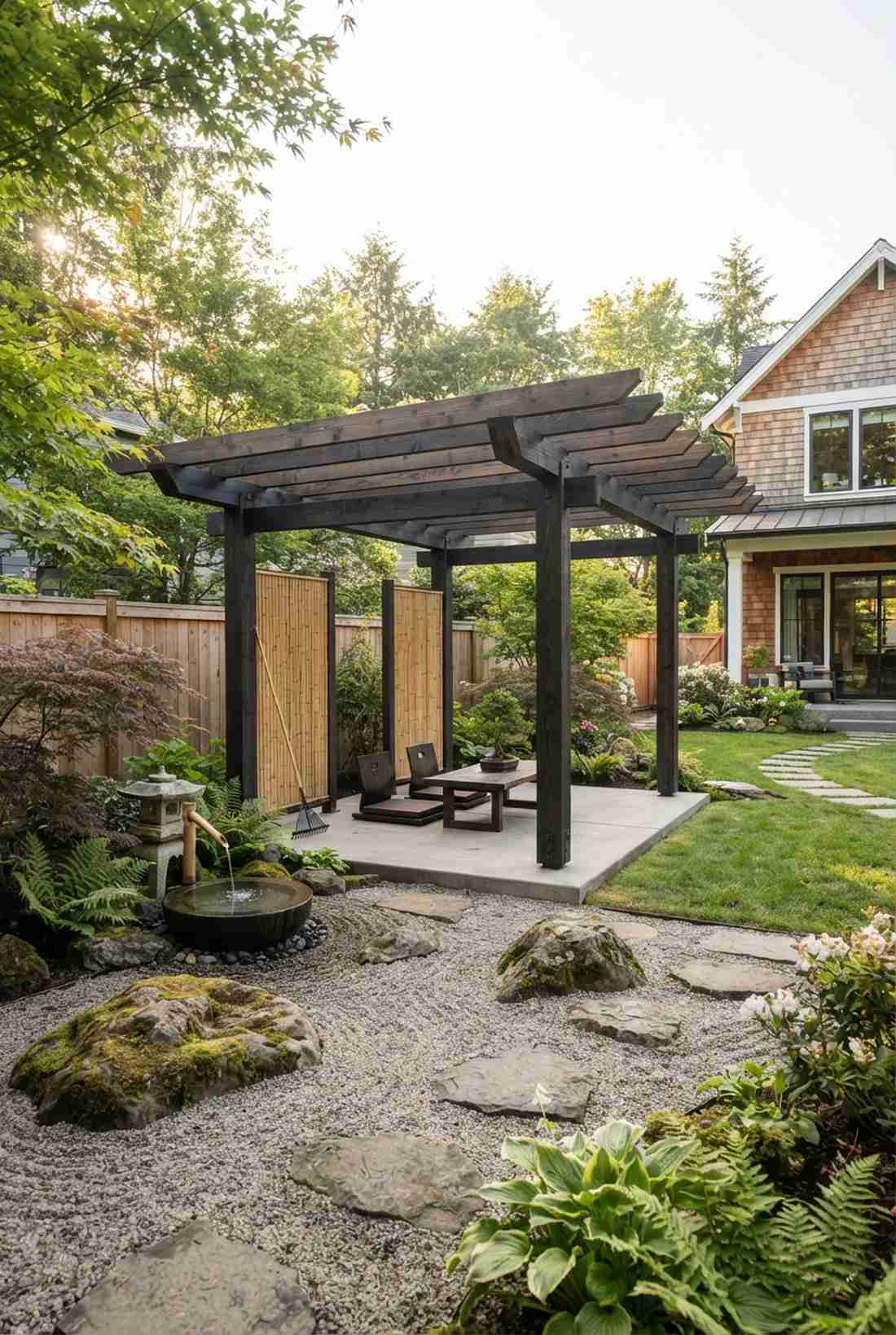 japanese inspired timber pergola