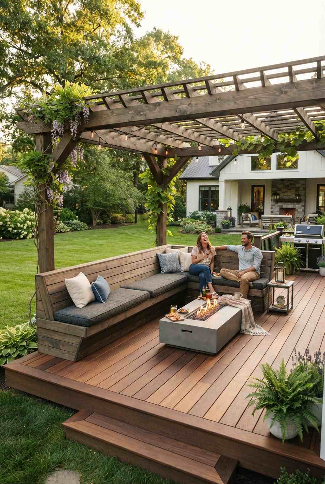 l shaped bench with overhead pergola