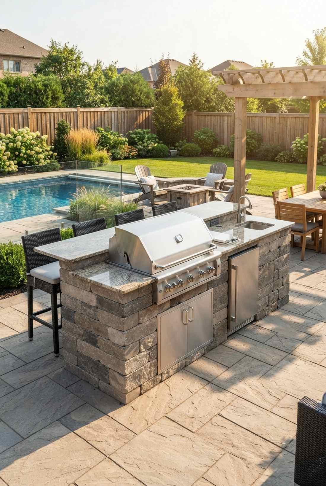 outdoor kitchen adjacent to pool deck