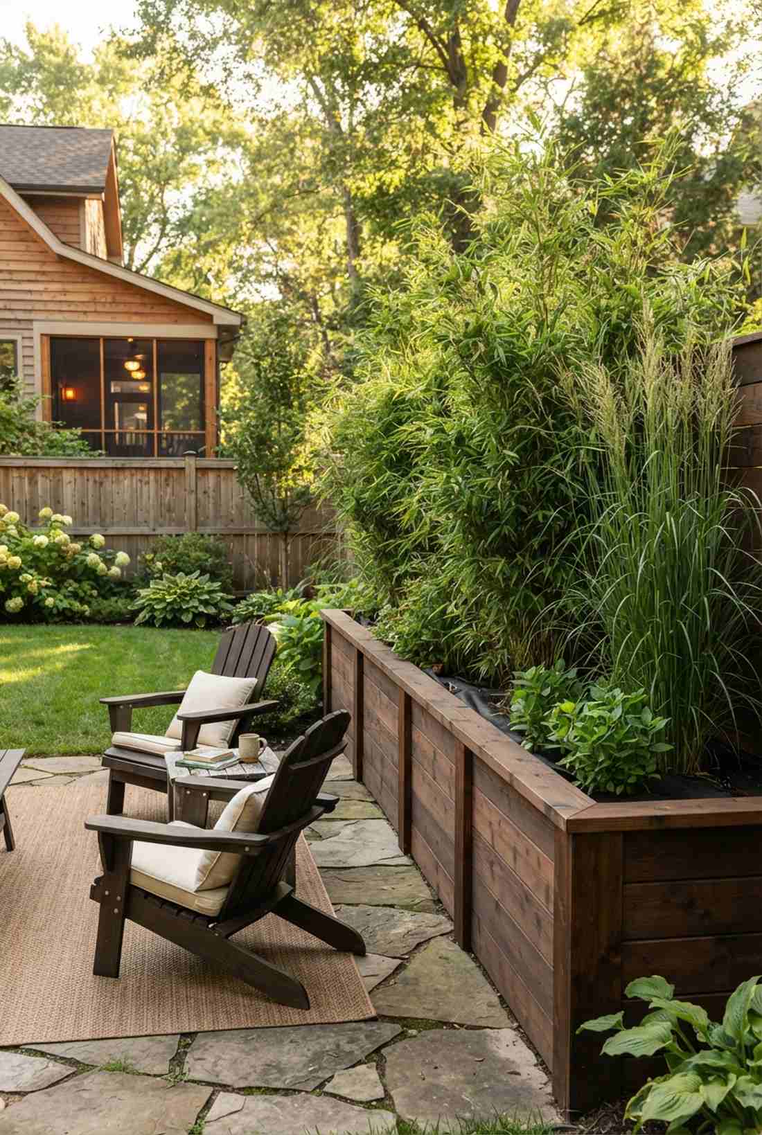 privacy screen bed with tall plantings