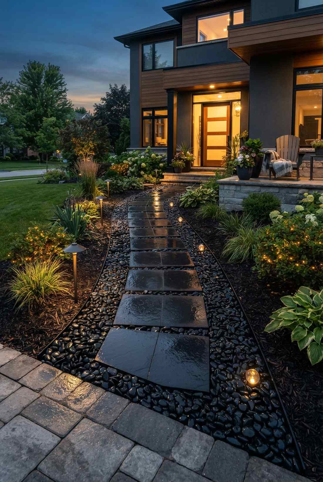 slate tiles with obsidian pebble borders