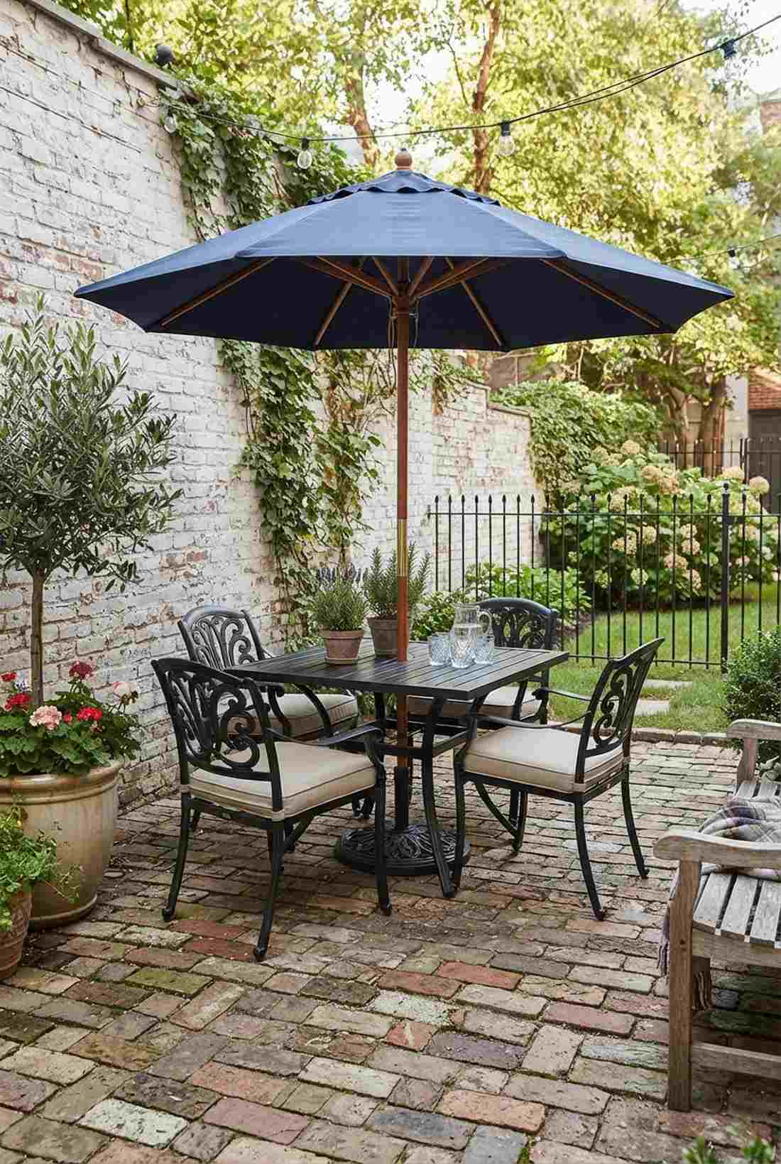 square table for four with umbrella