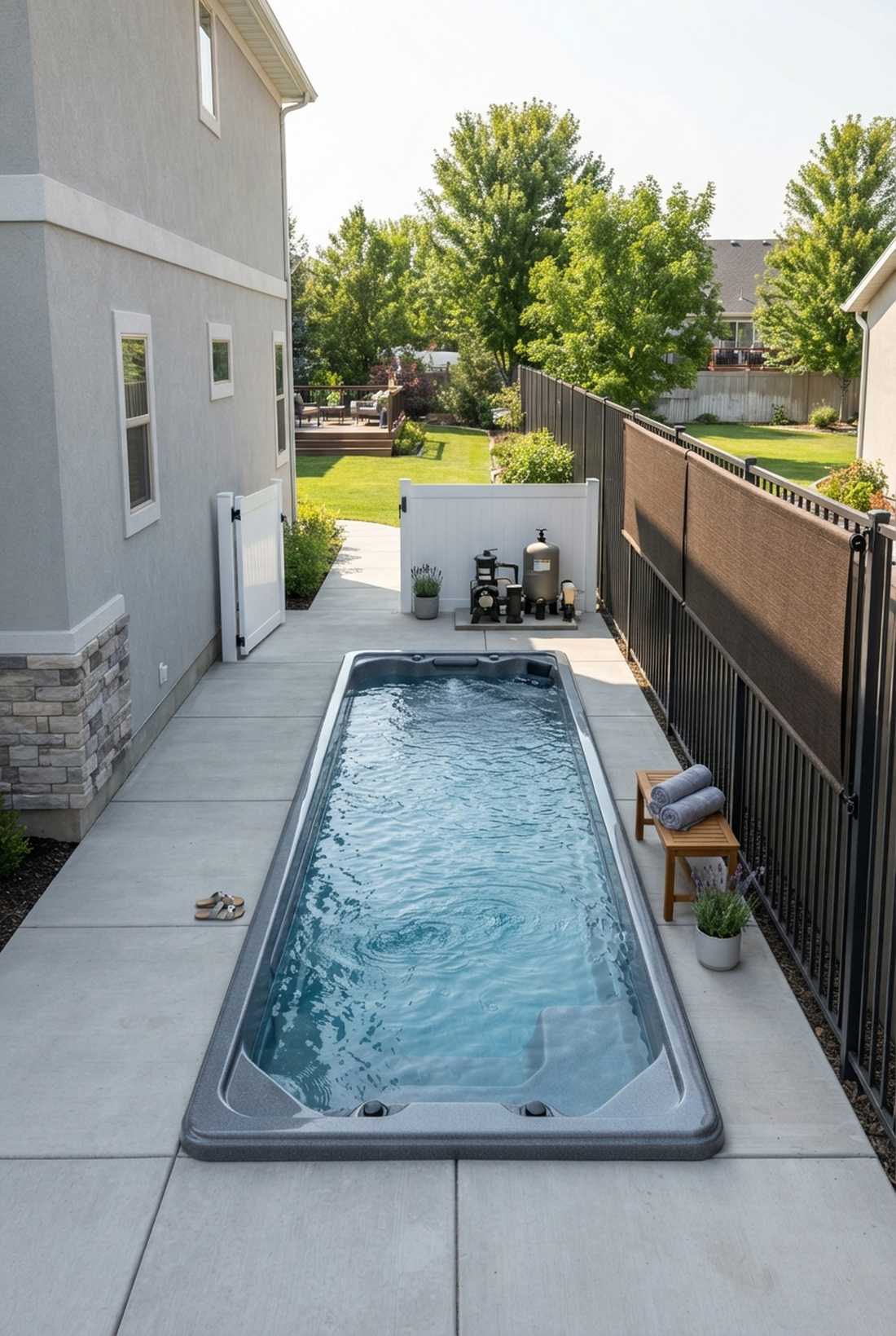 swim spa alongside narrow side yard
