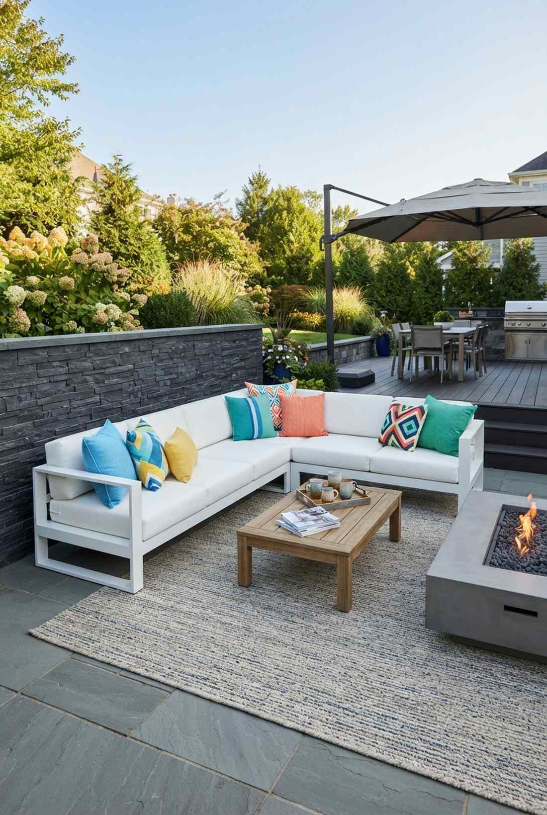 white lounge seating with colorful throw pillows