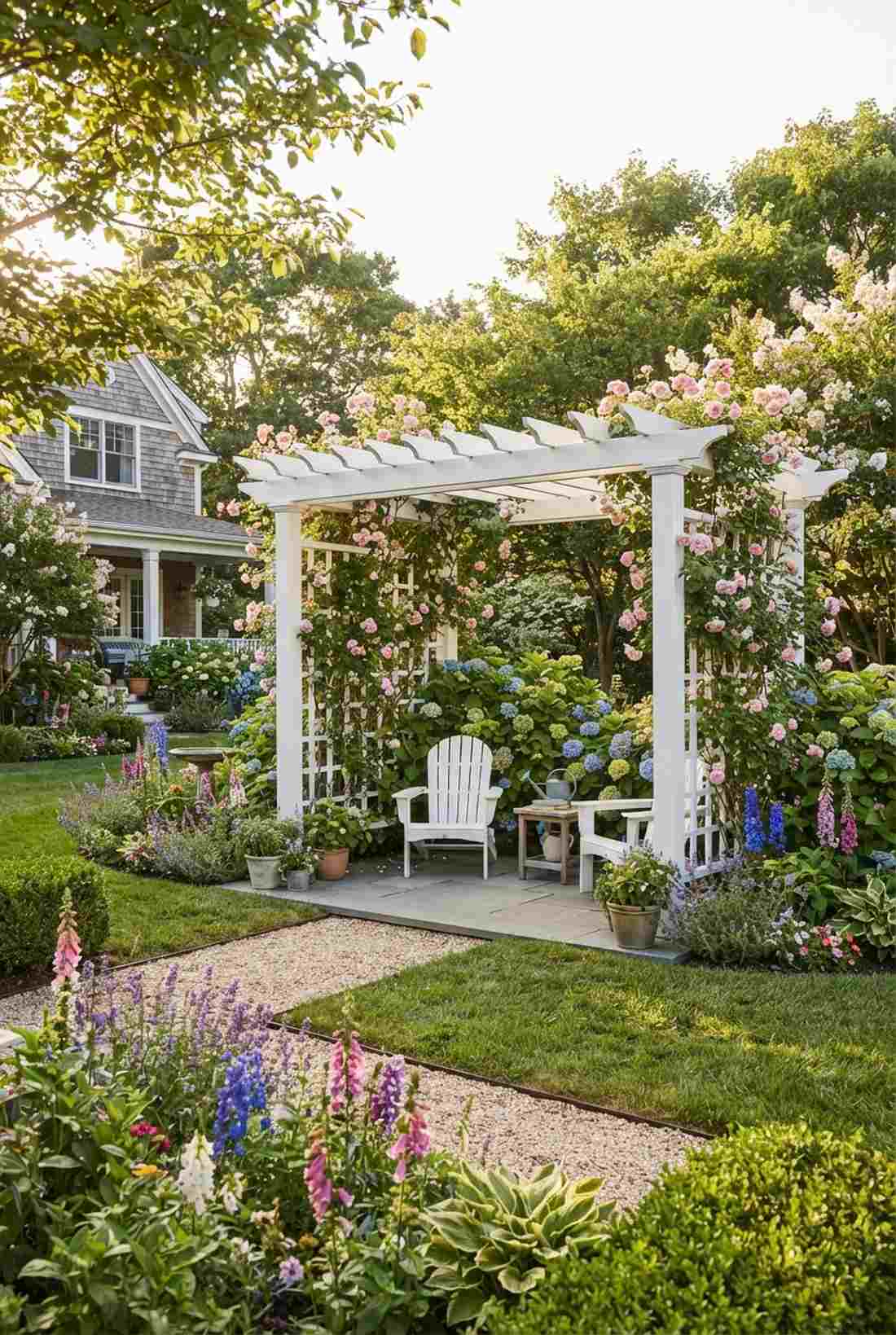 cottage garden white painted pergola