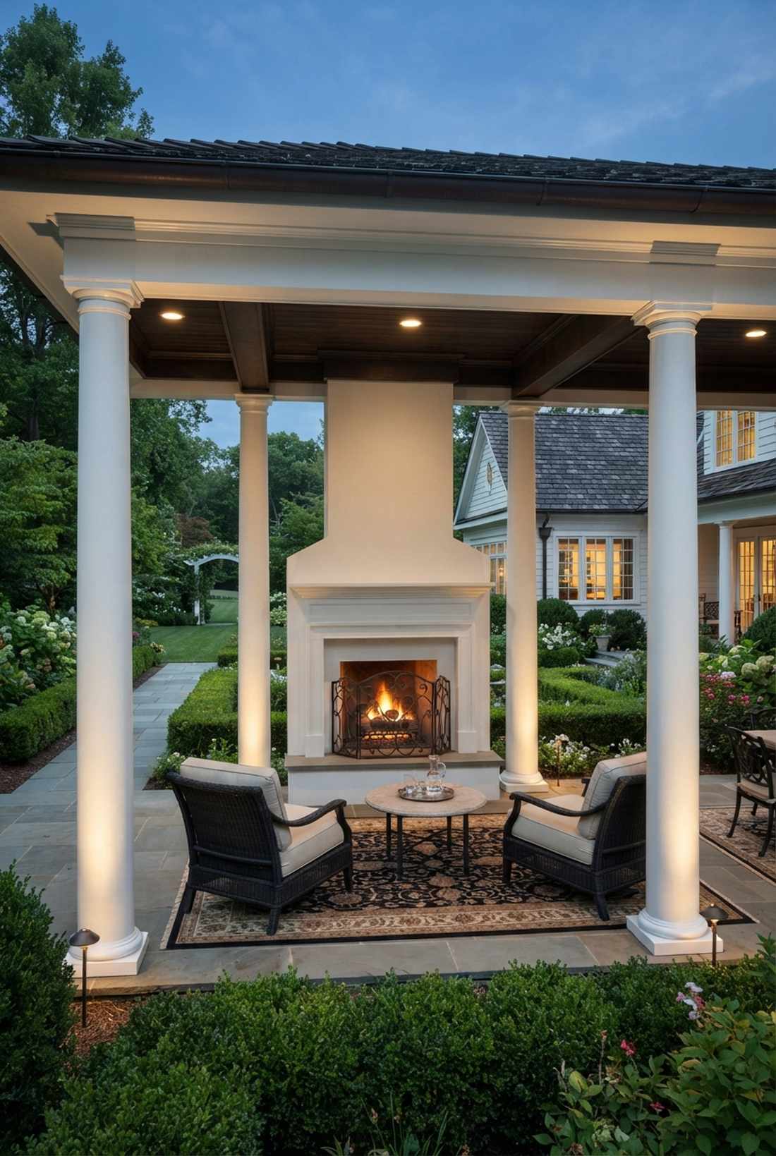 covered patio with white pillars and central fireplace