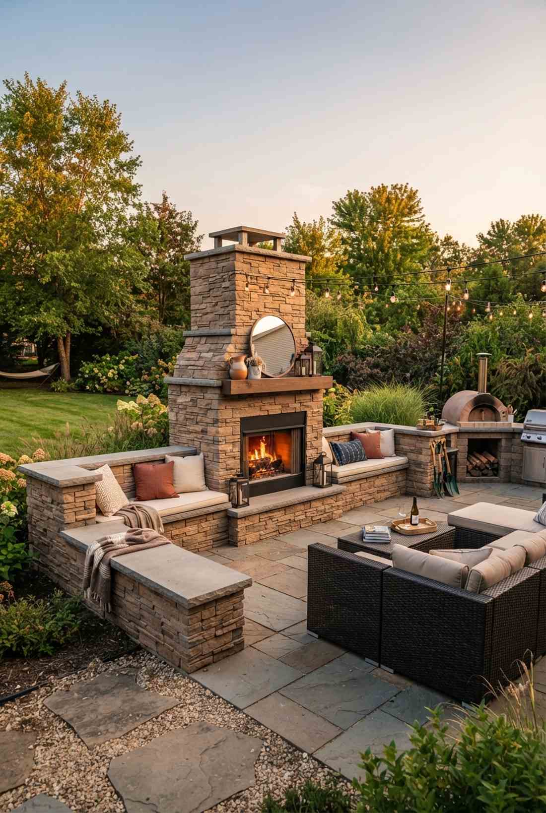 fireplace with built in bench flanking