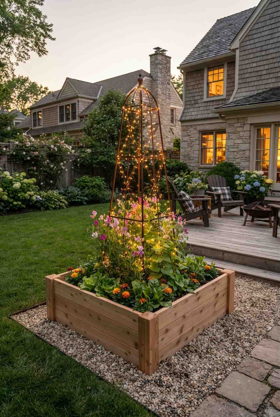 raised bed with obelisk centerpiece