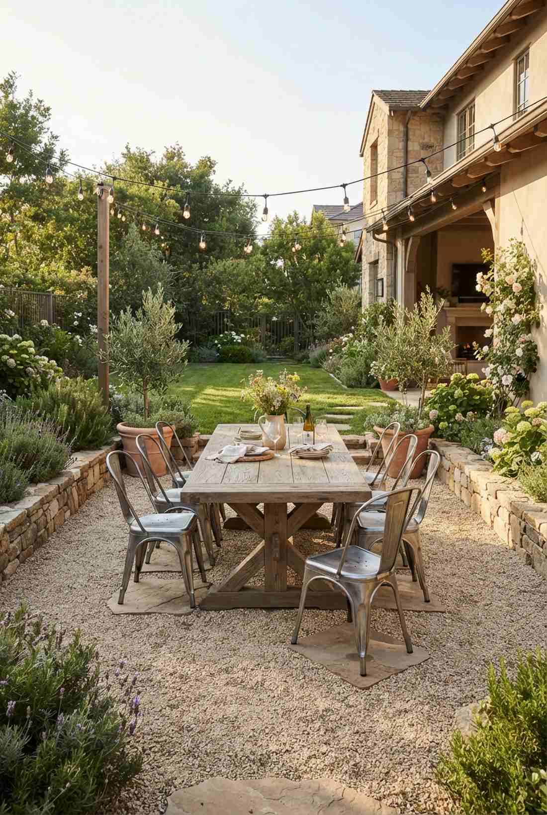 trestle table on gravel courtyard