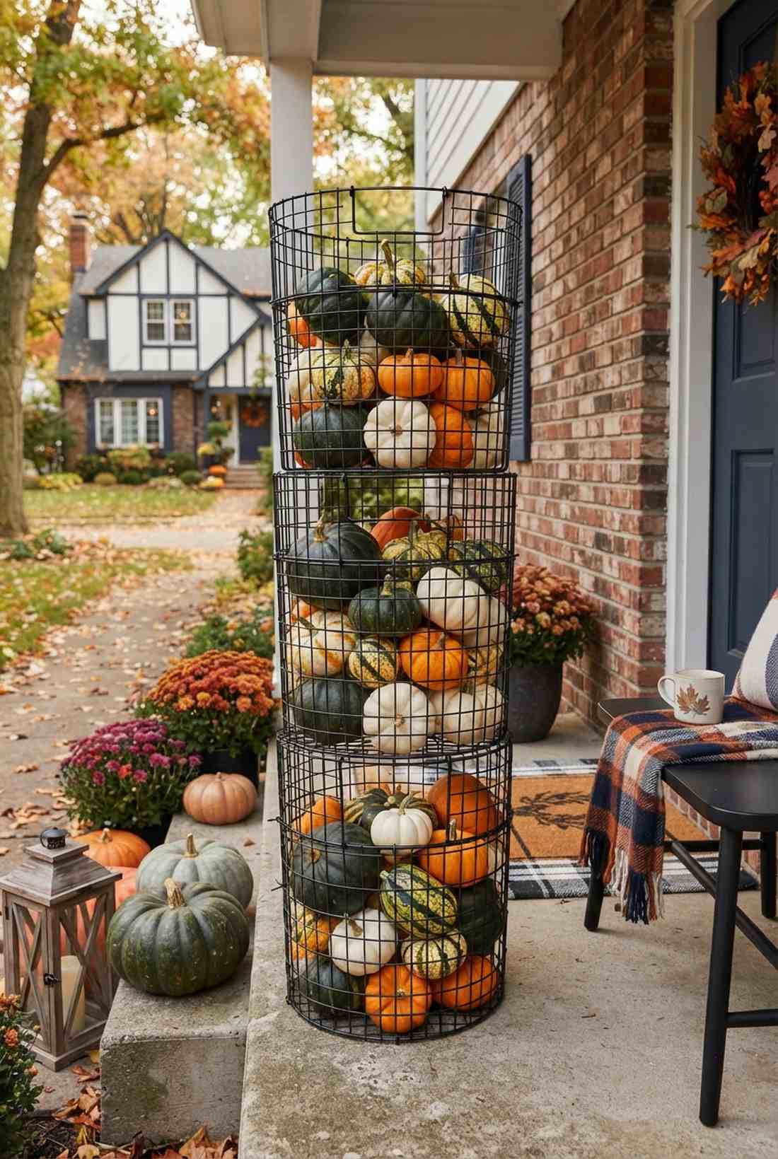 wire basket pumpkin stacks