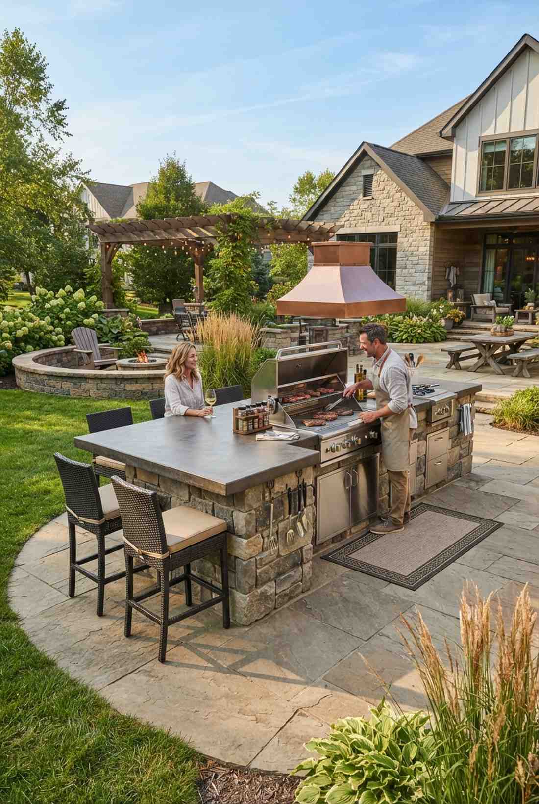 built in grill island with bar seating