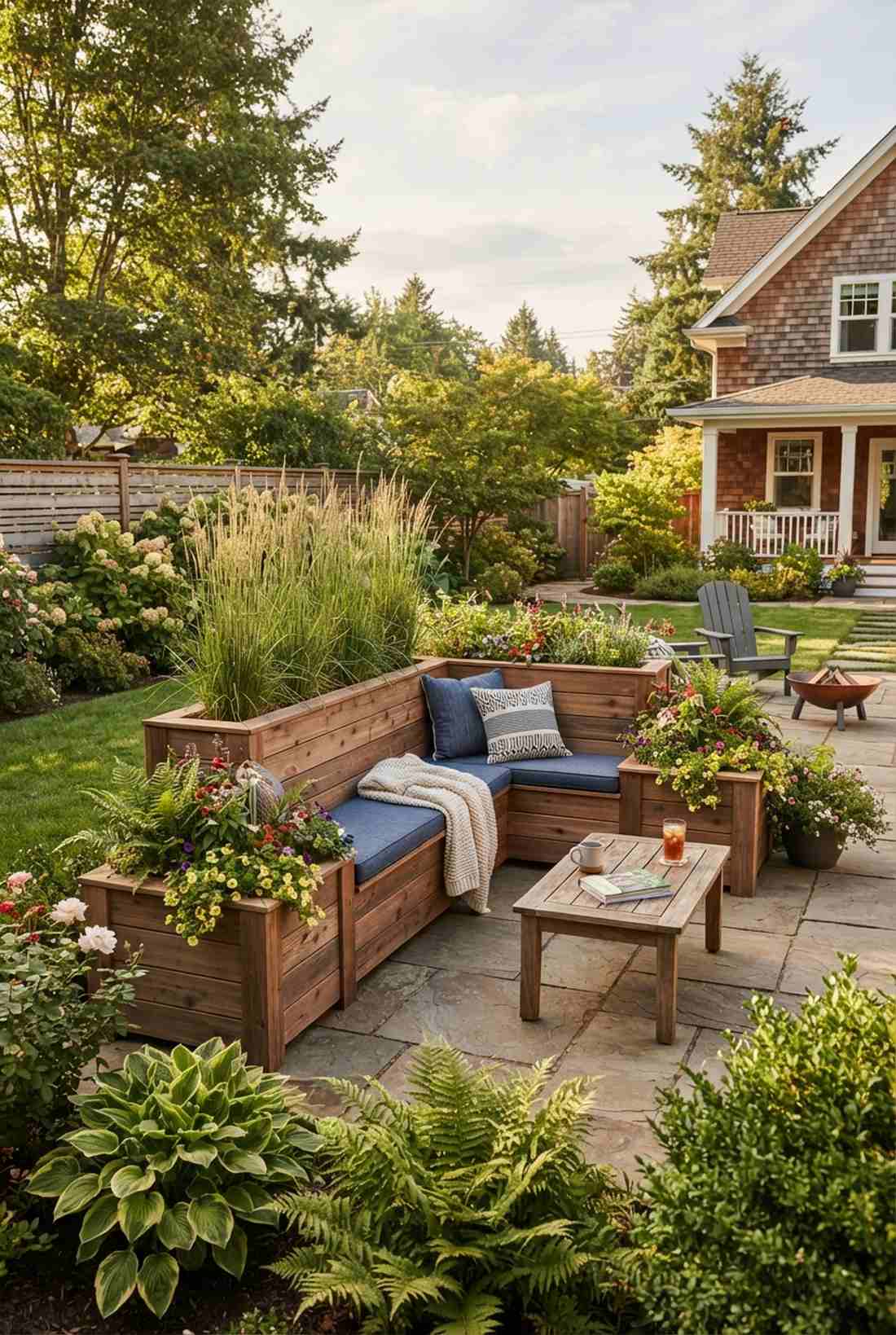 corner bench with integrated planters