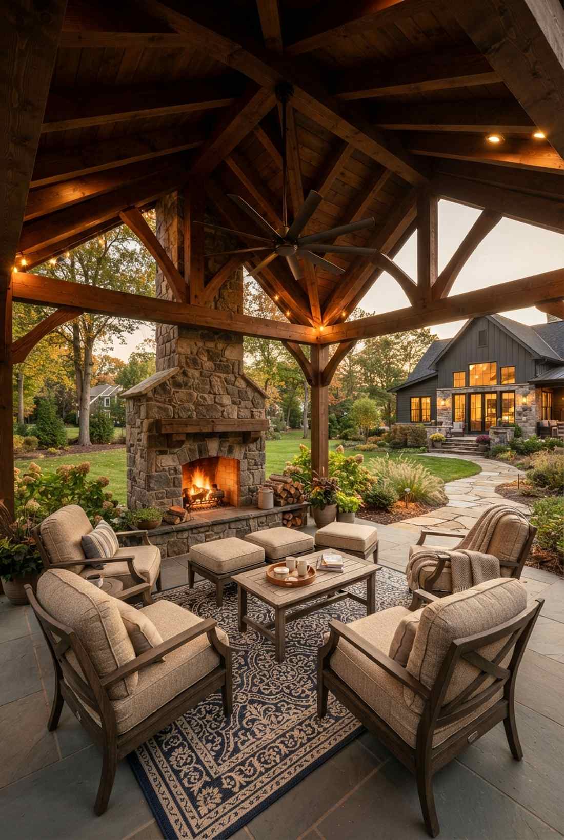 covered patio fireplace lounge