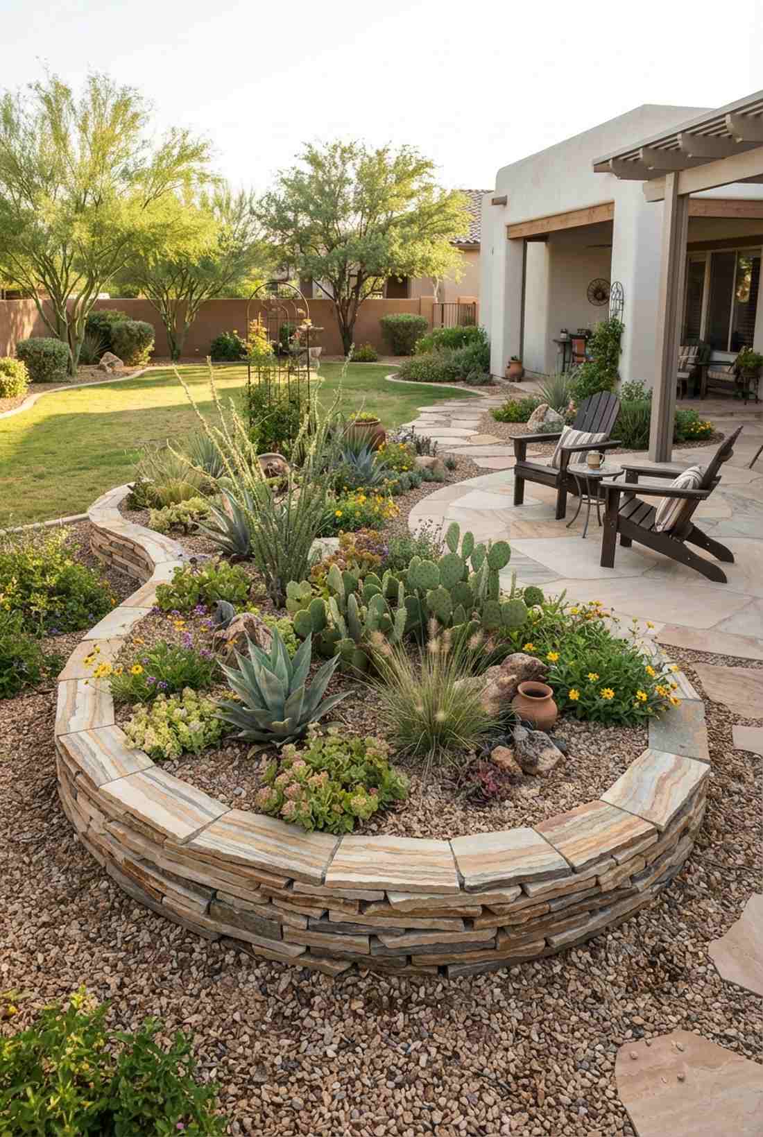dry stacked flagstone ribbon bed