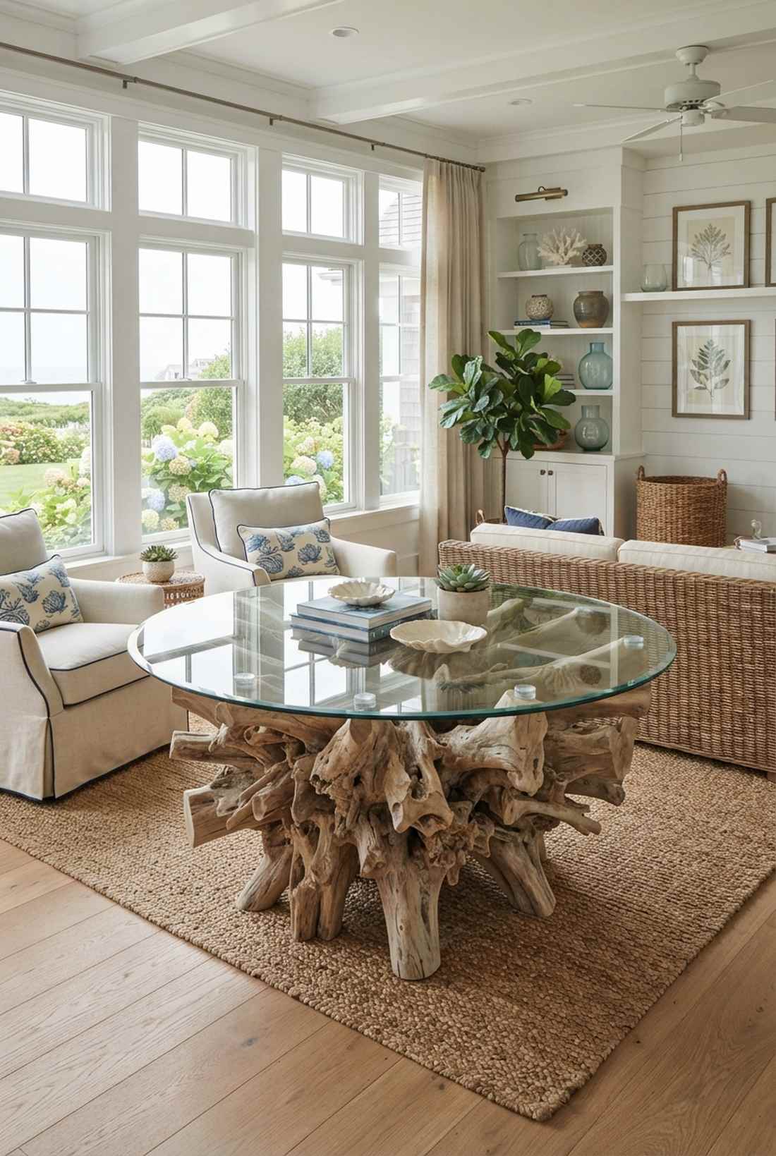 glass and driftwood tables