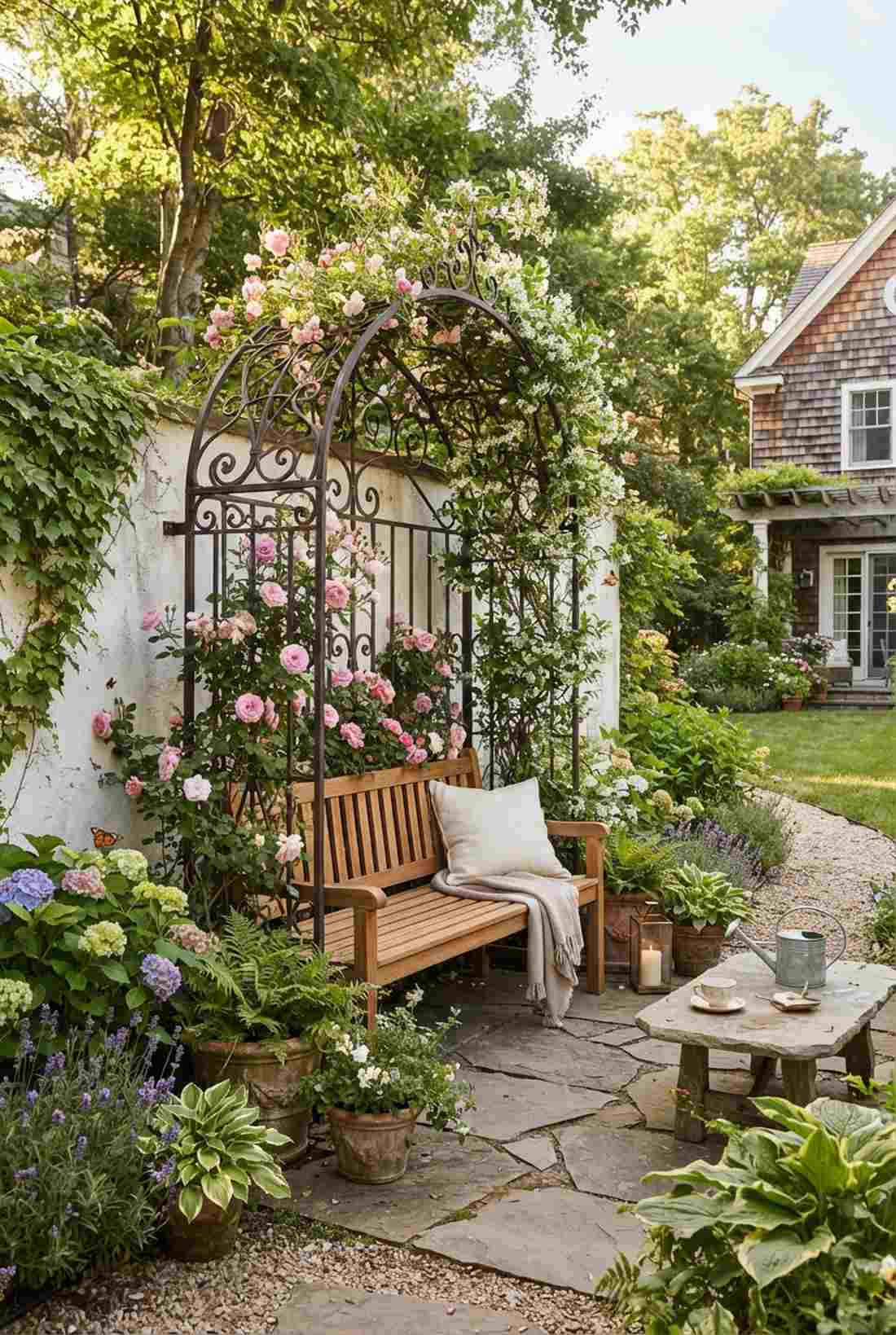 iron trellis teak bench combination