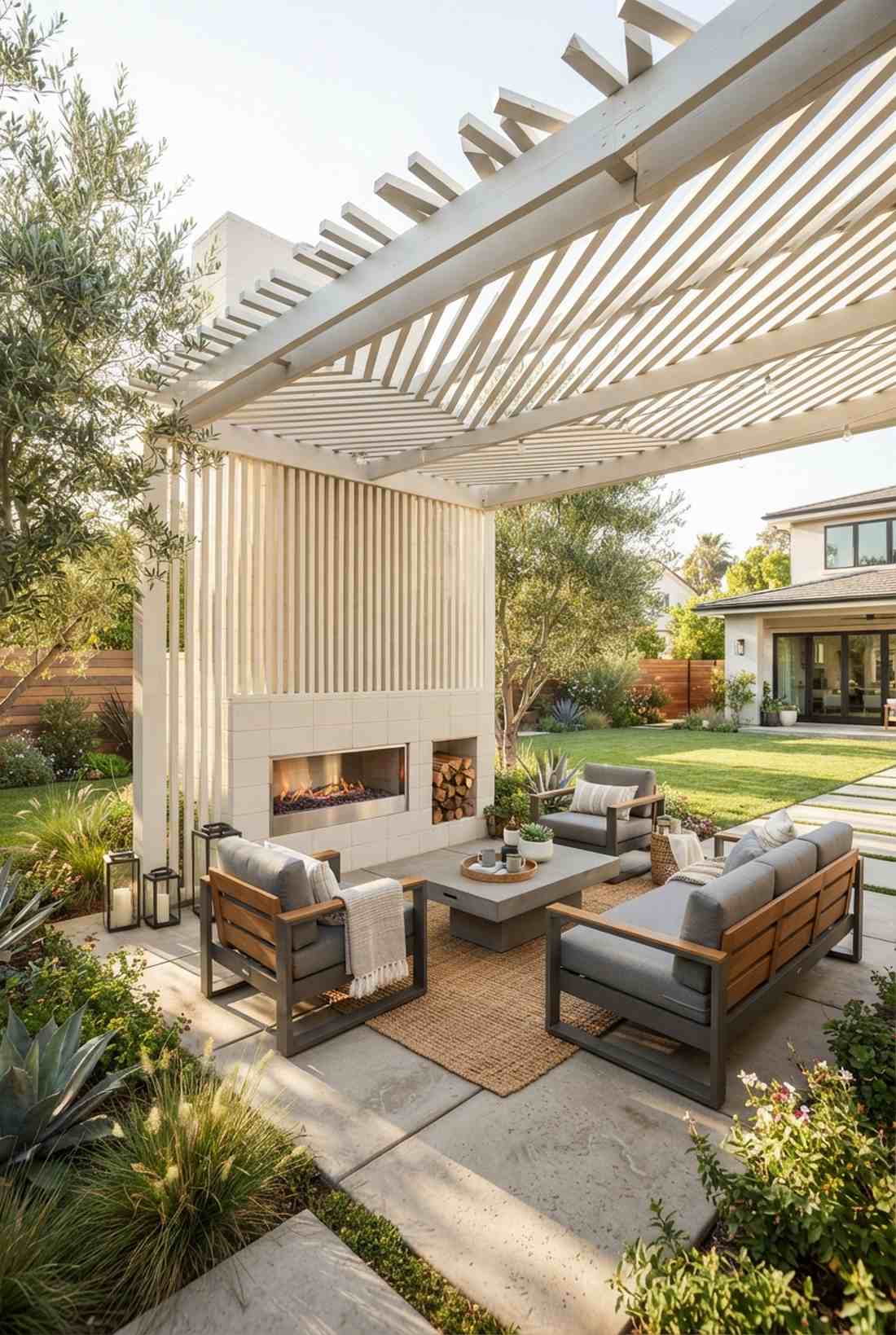 slat roof pergola with modern fireplace wall