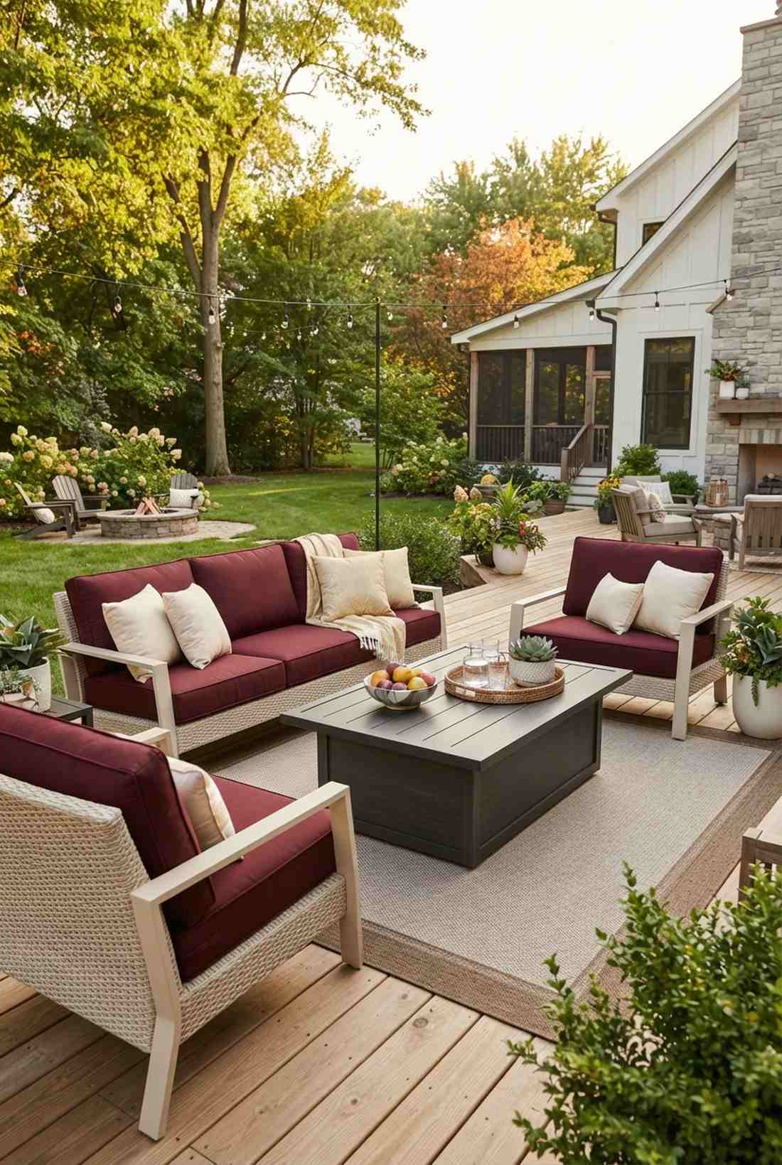 burgundy cushions on neutral frames
