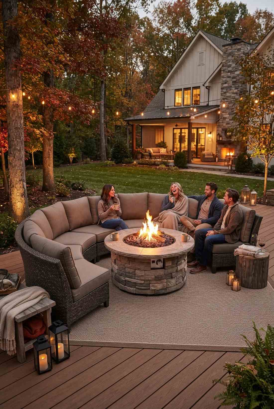 curved back sofa with fire table