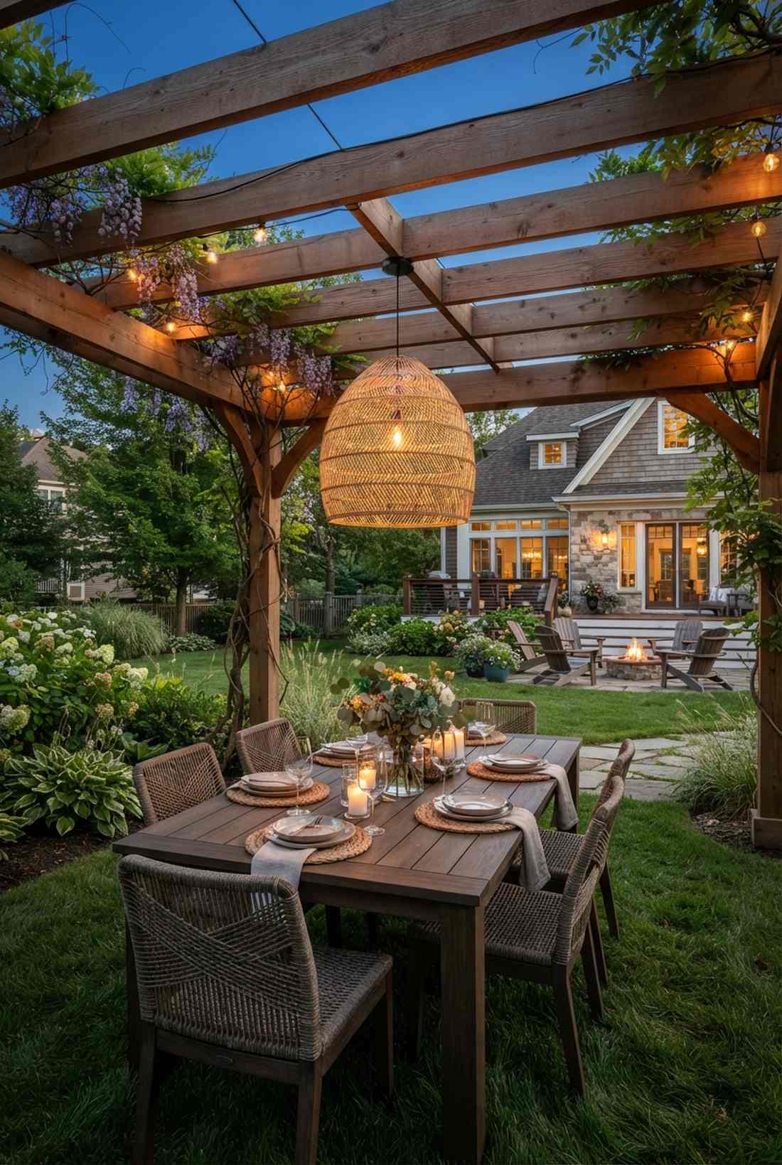 dining pergola with hanging chandelier
