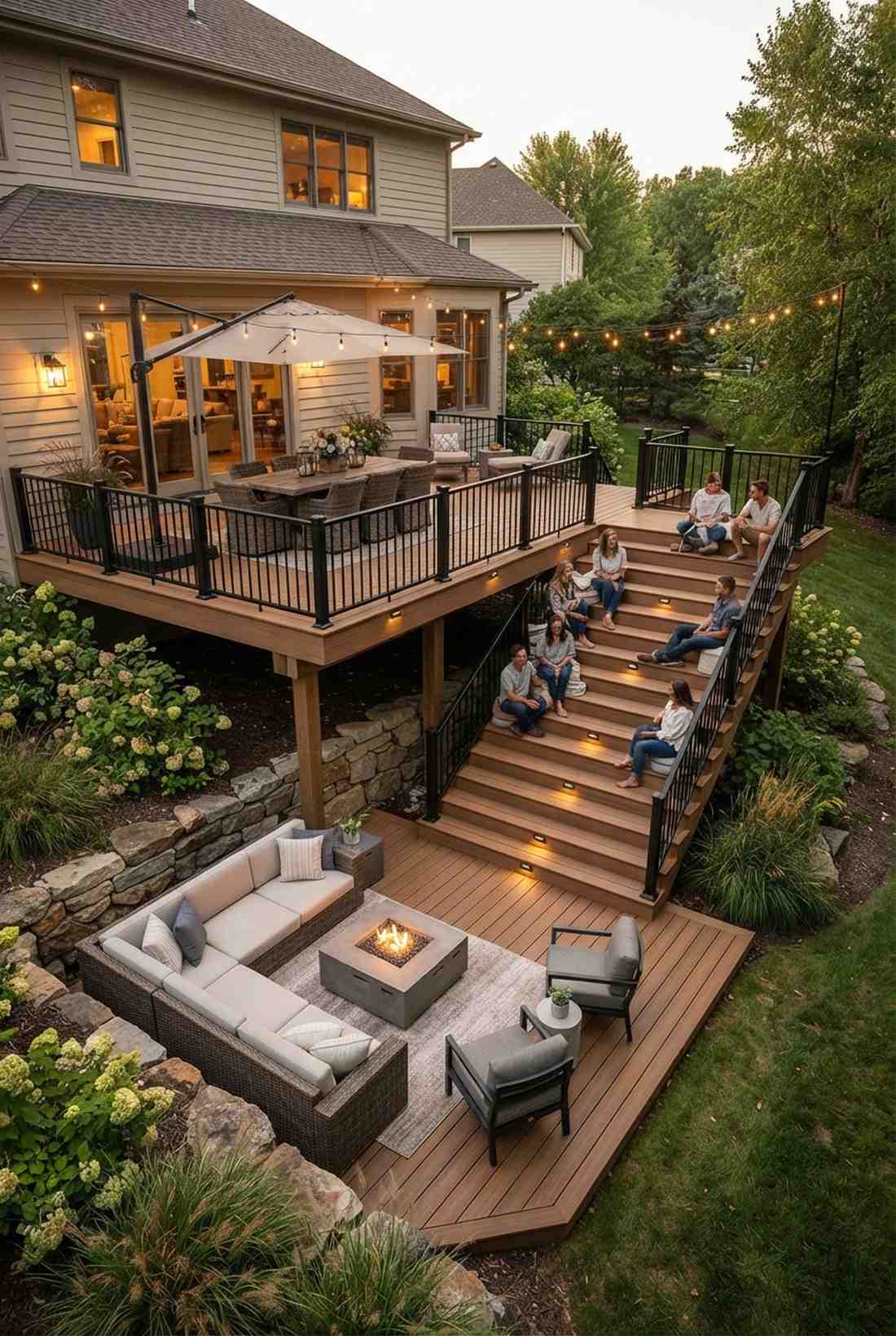 dual level deck with dining above lounge below