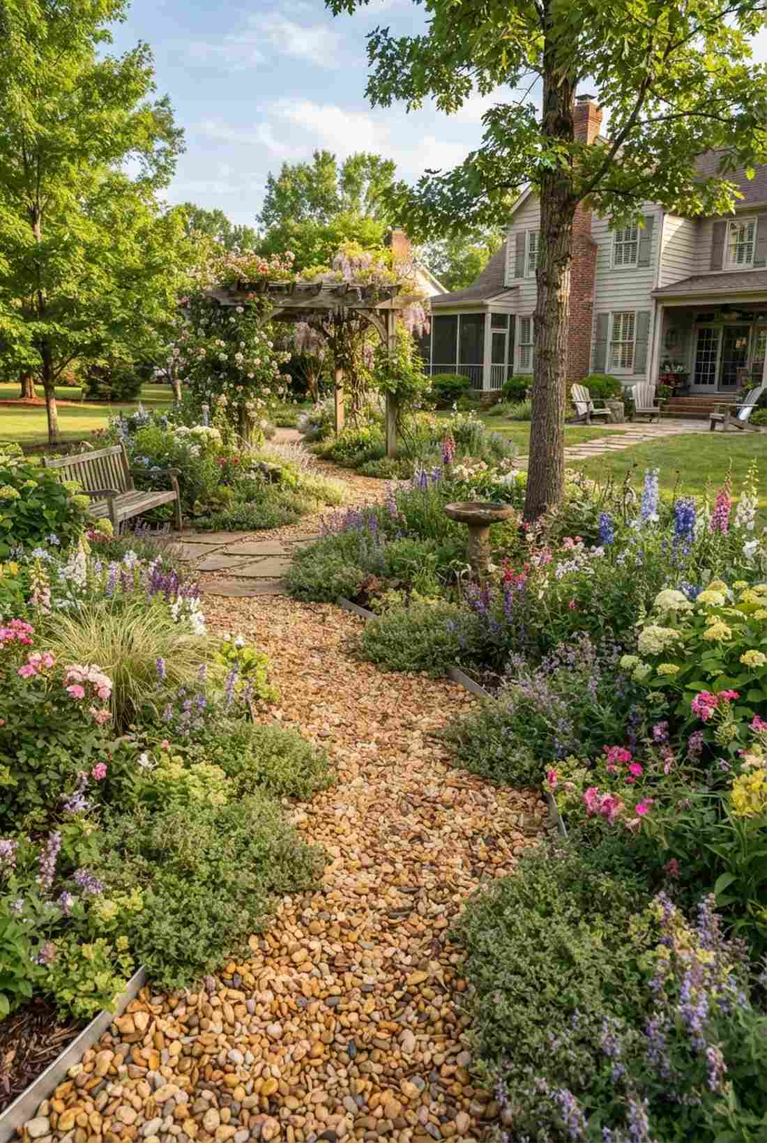 meandering pebble path with plant overflow