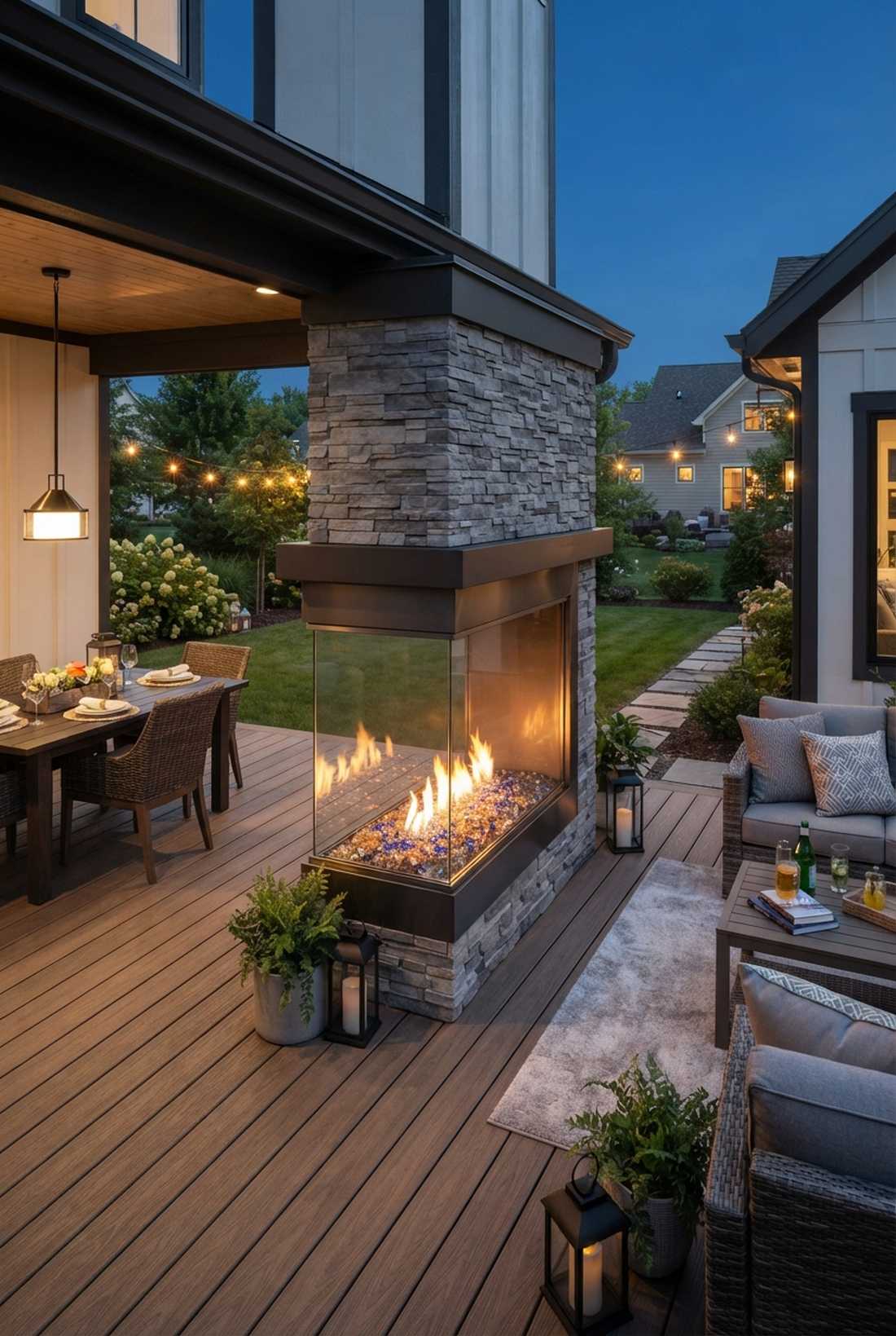 see through fireplace between dining and lounge areas