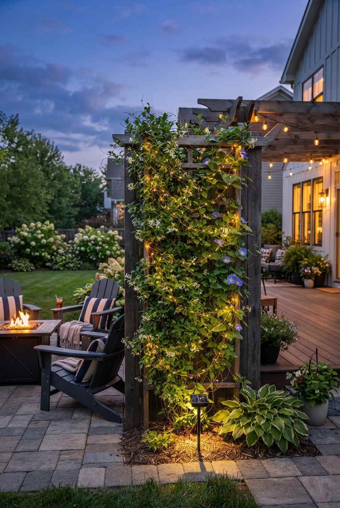 solar string lights through climbing plants