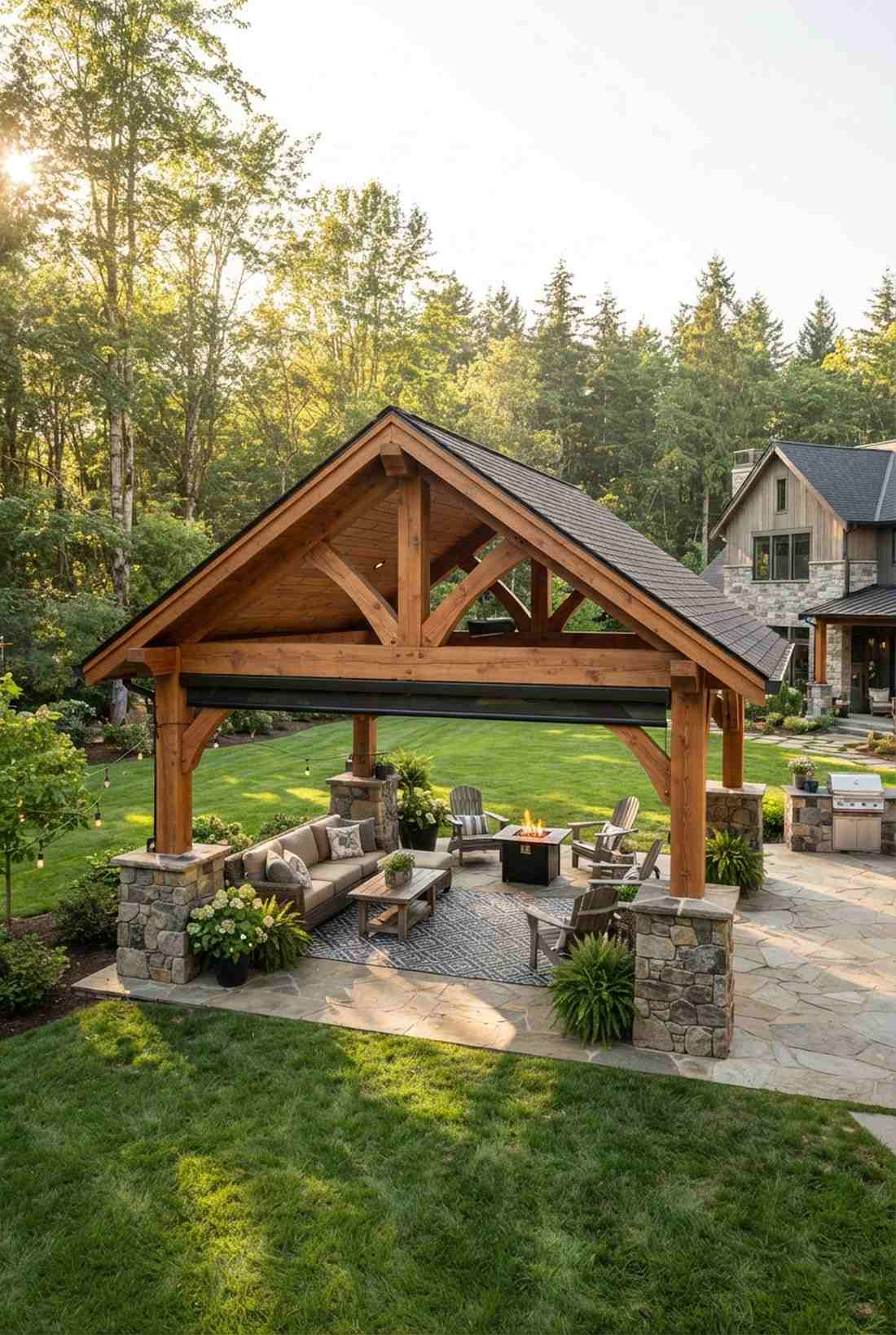 timber frame pavilion with stone columns