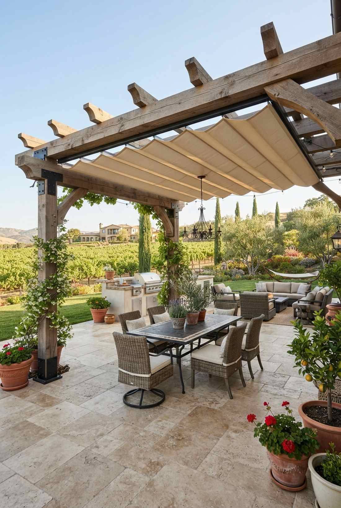 timber frame pergola with retractable canopy