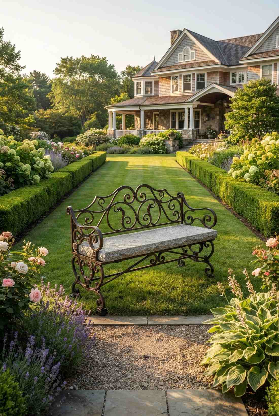 wrought iron scroll bench with stone seat