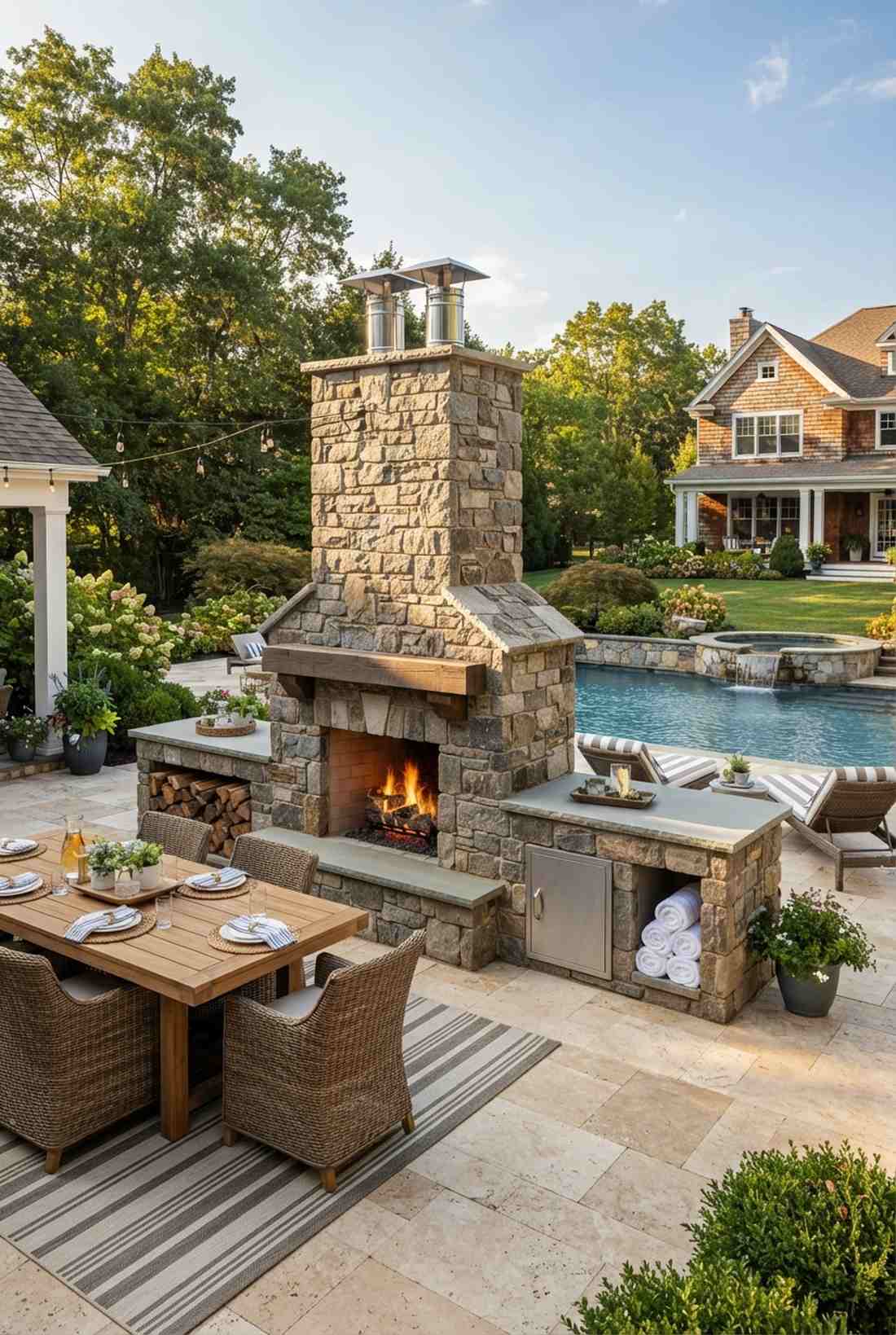 back to back fireplace serving patio and pool deck