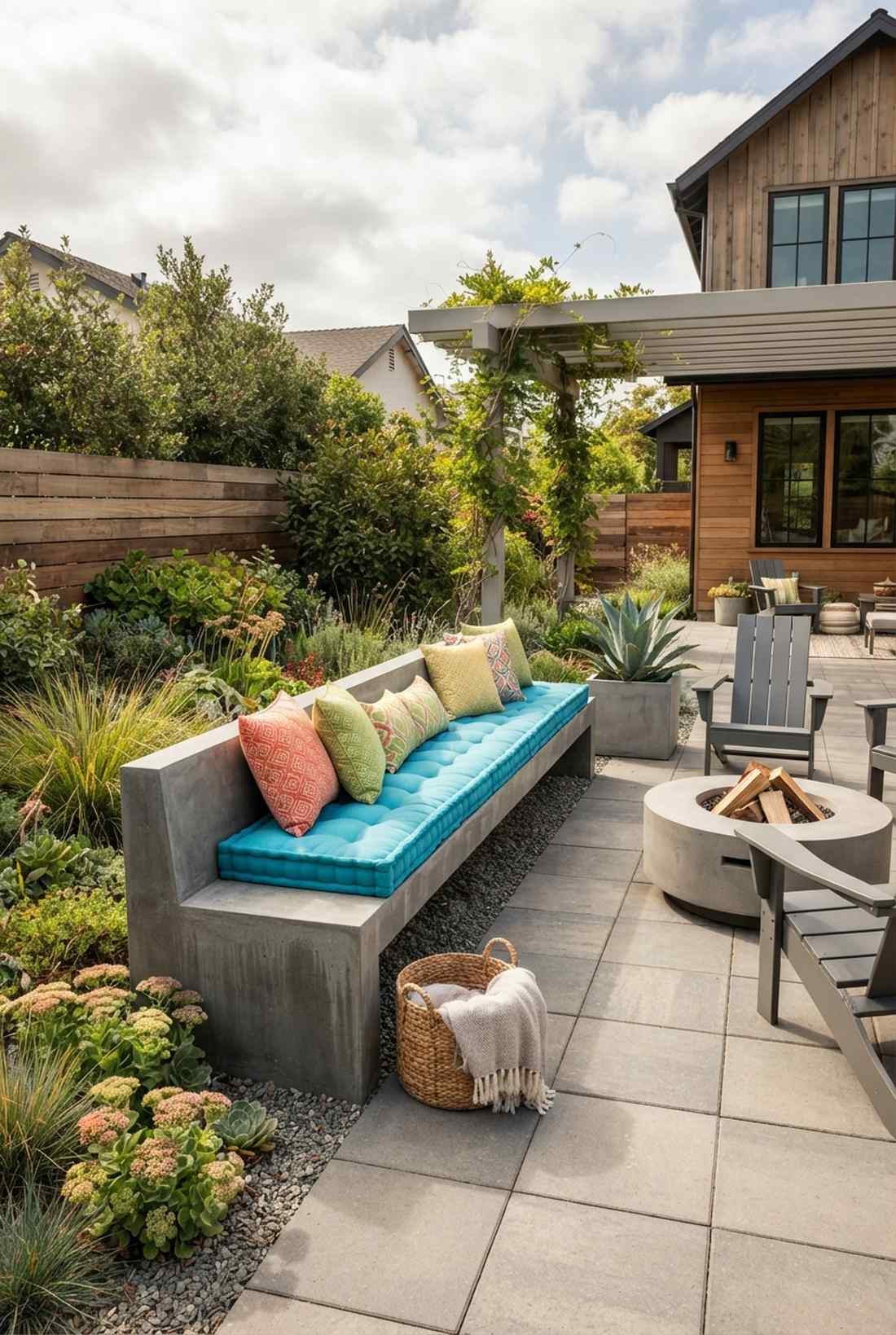 concrete bench with colorful cushions