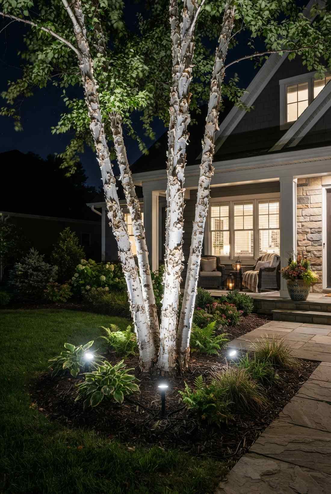 multi trunk birch illumination