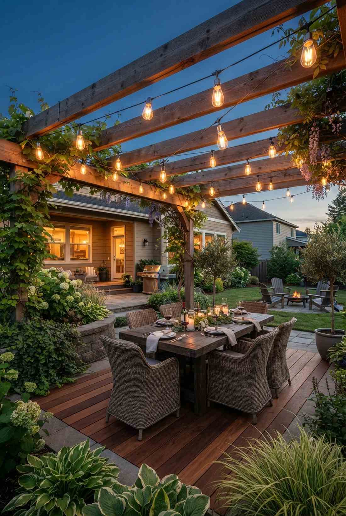 pergola draped bistro lights