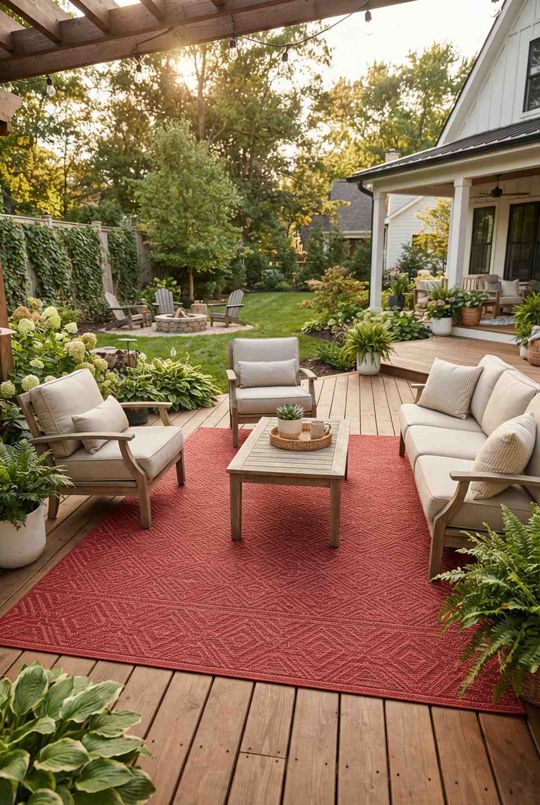 red outdoor rug under neutral furniture