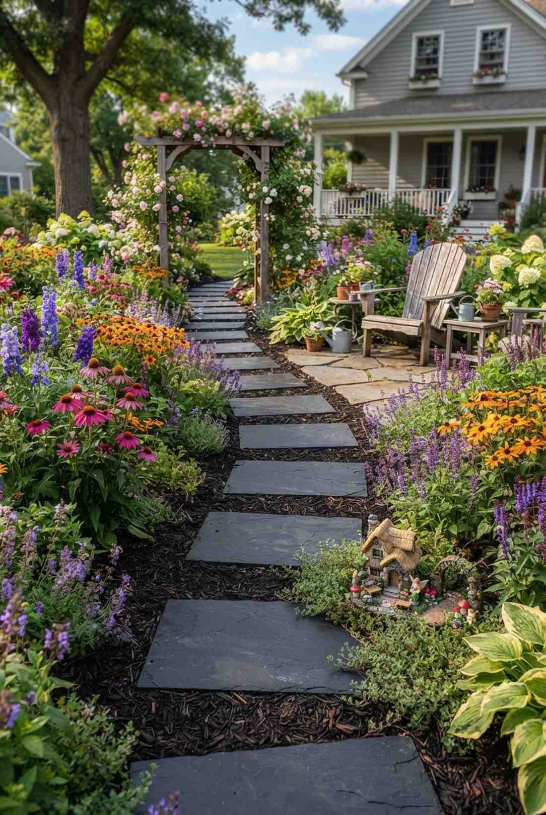 slate stepping stones through flowering borders