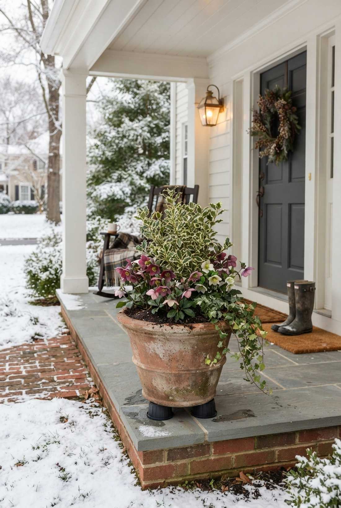 variegated holly and hellebore planter