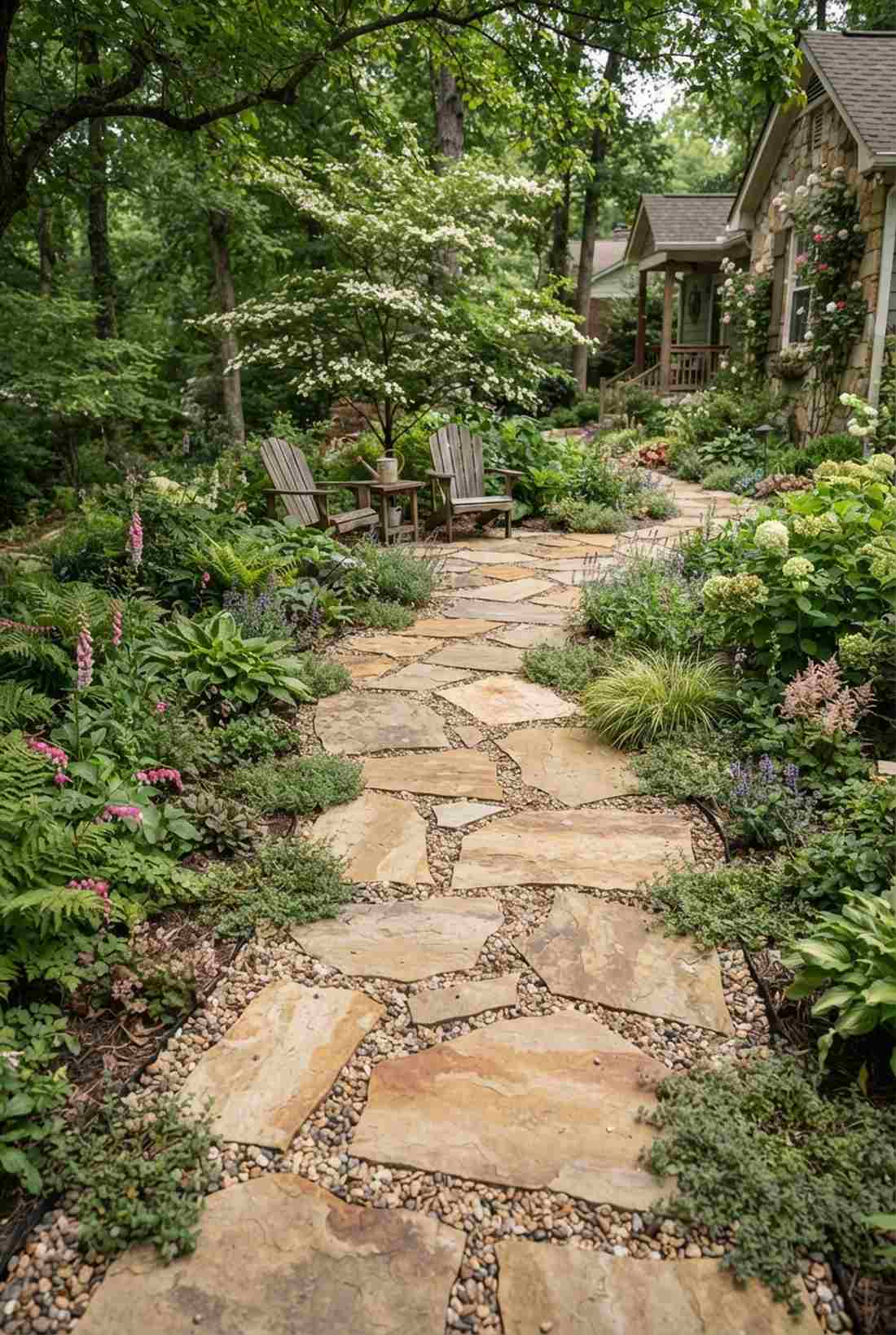 freeform irregular flagstone with wide gravel joints