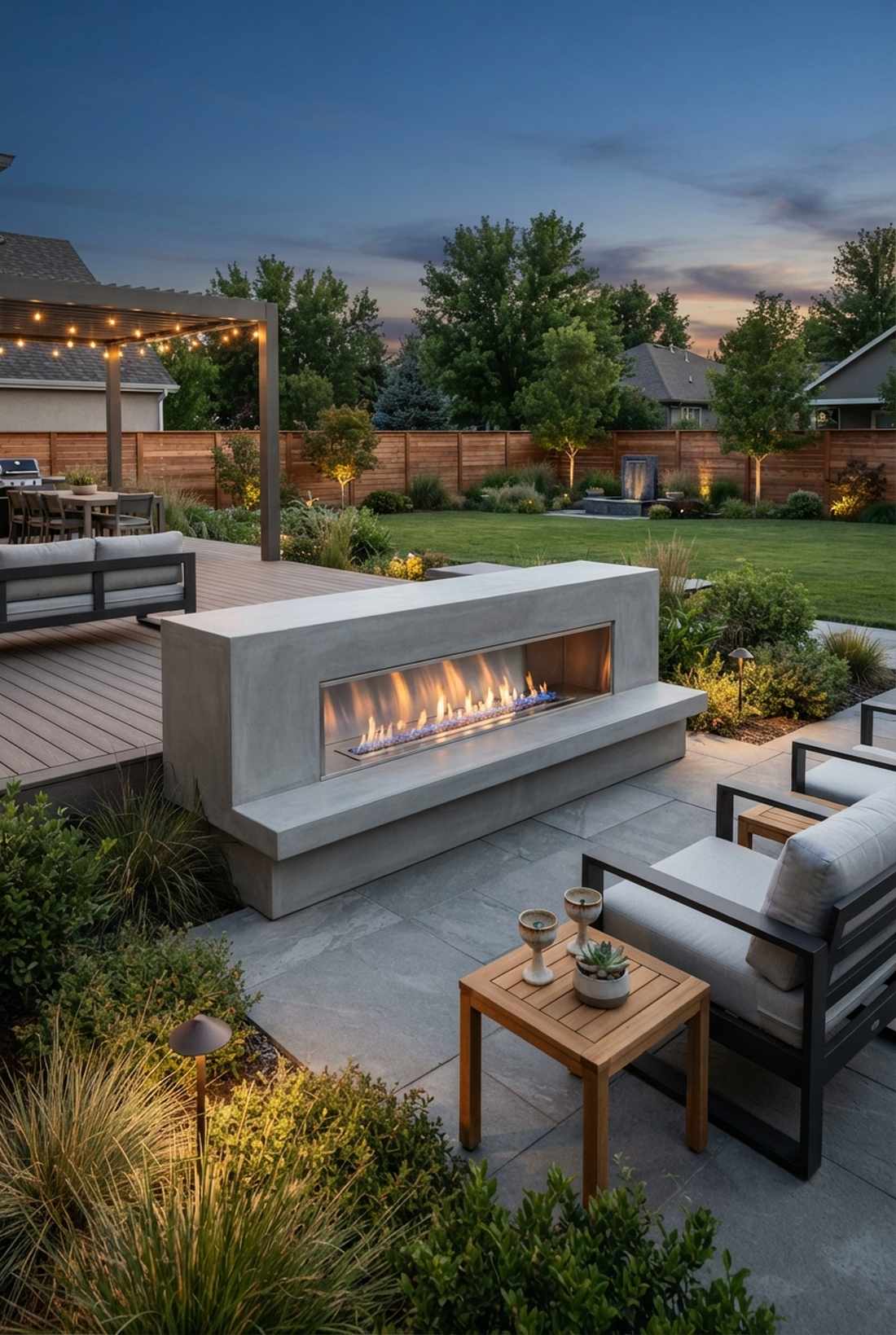 horizontal linear fireplace with smooth concrete surround