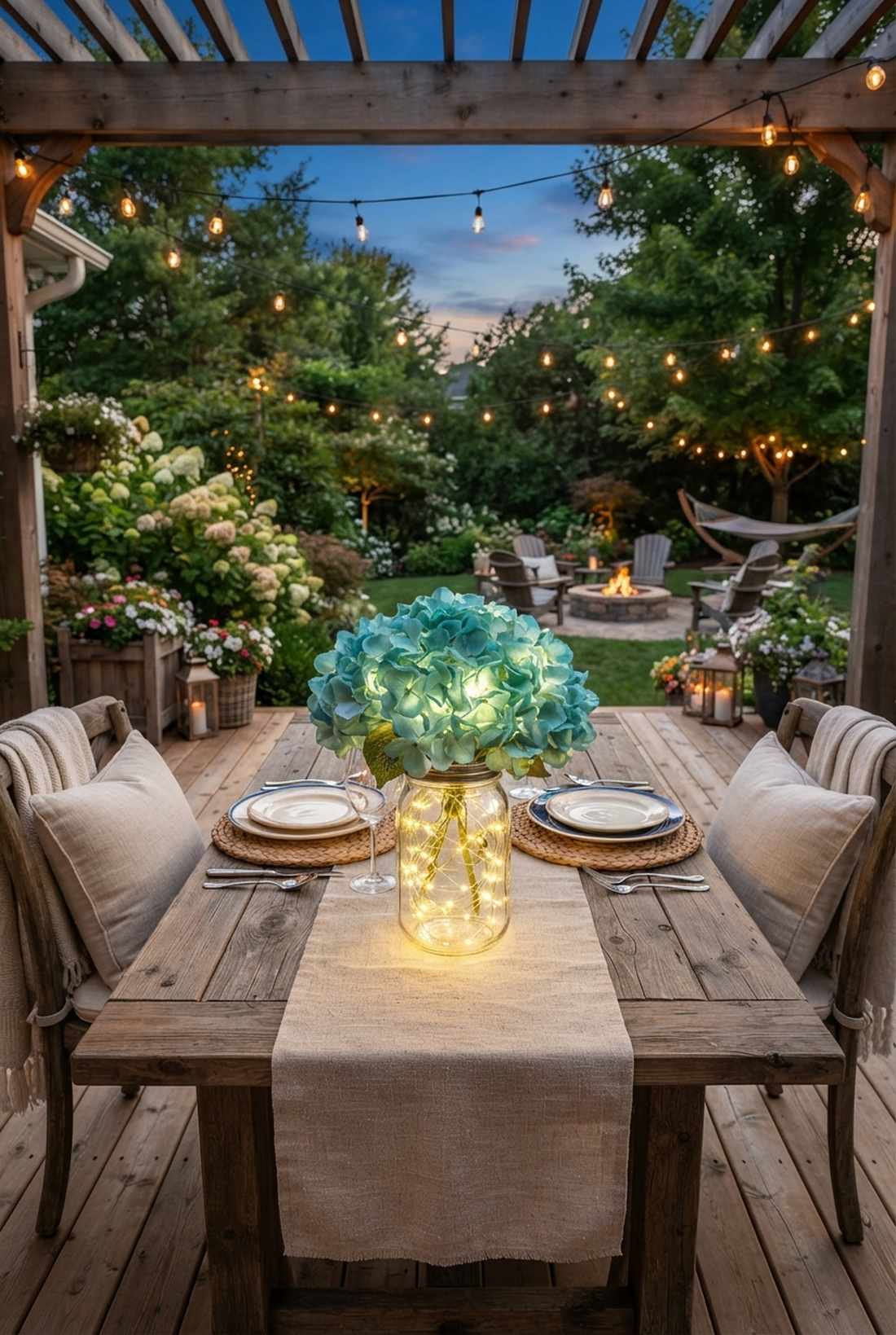 hydrangea and twinkle lights centerpiece
