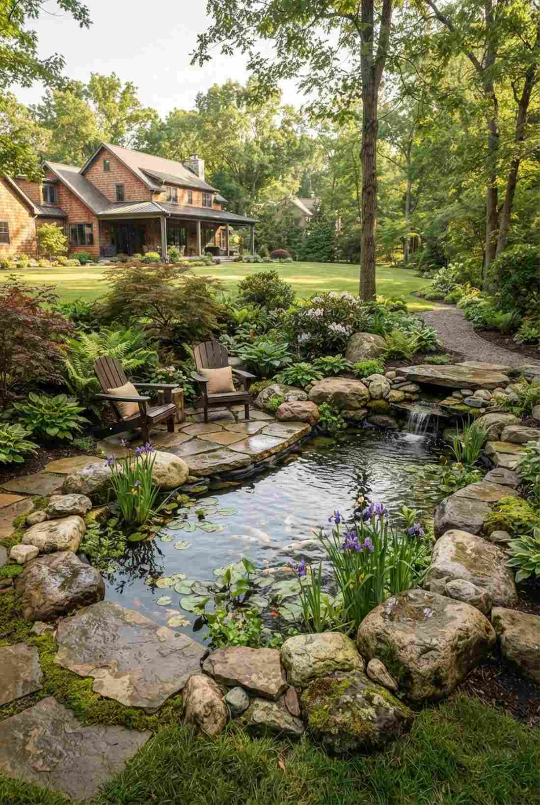 koi pond with natural stone edging