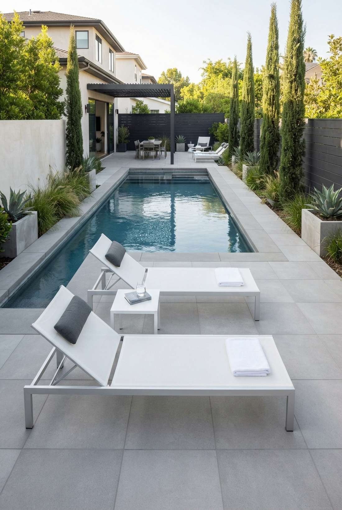 linear lap pool with side lounge deck