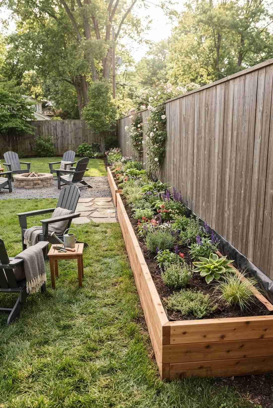 narrow cedar strip bed along the fence