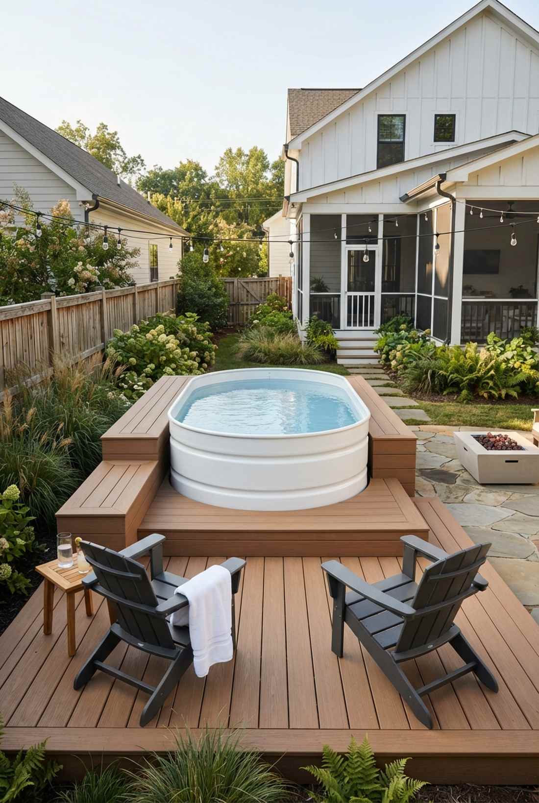 painted white stock tank with deck surround