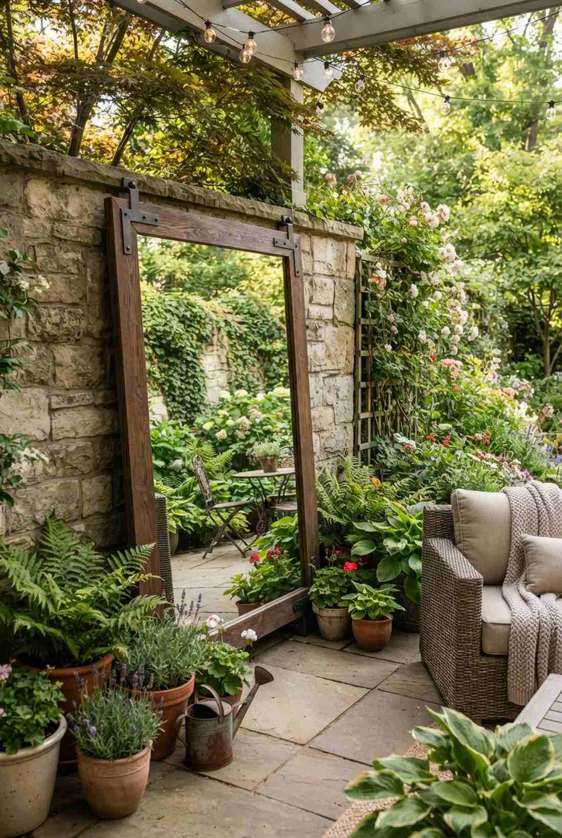tall leaning mirror against garden wall