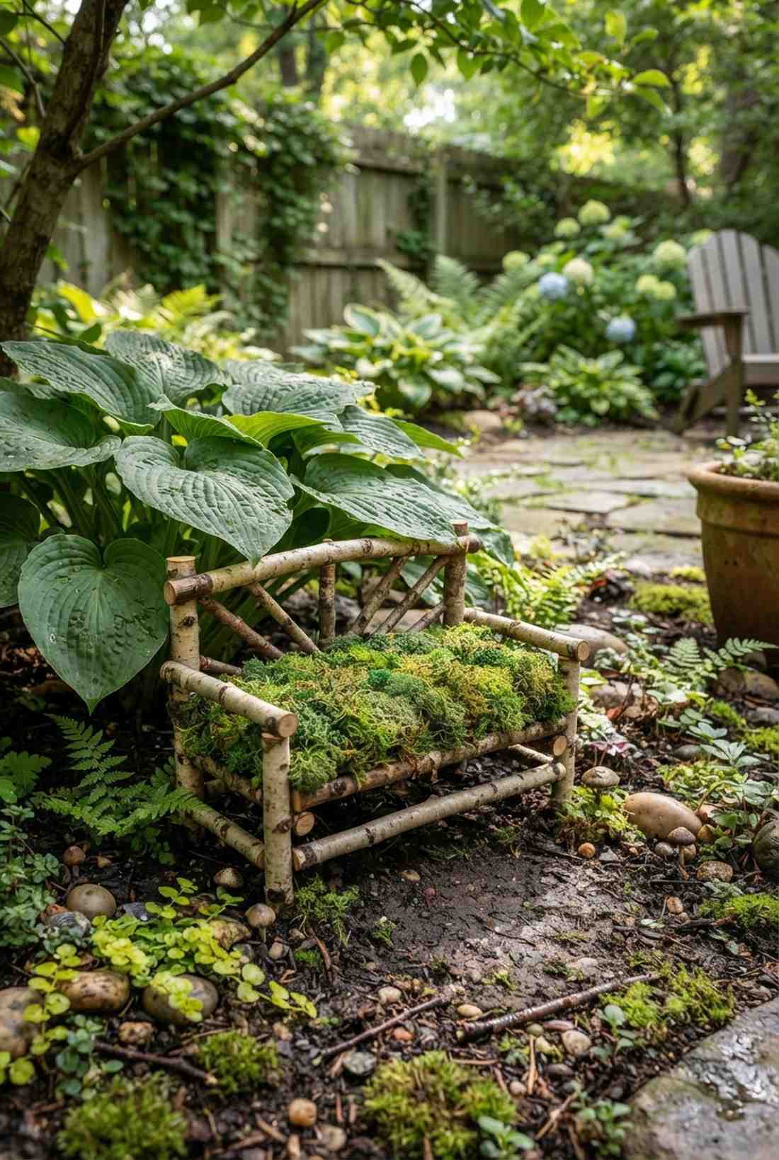 twig benches with moss cushions
