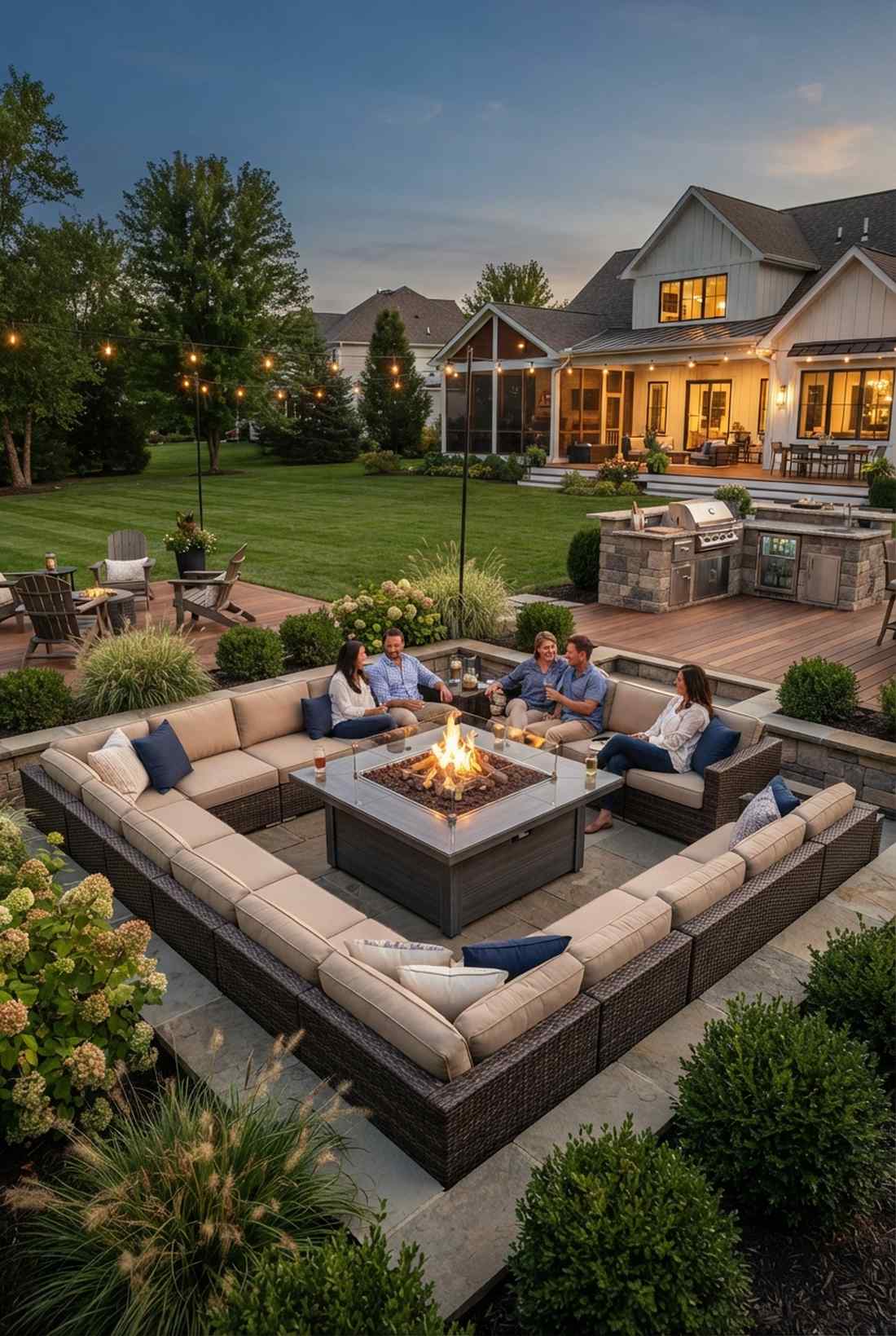u shaped sectional with central fire feature
