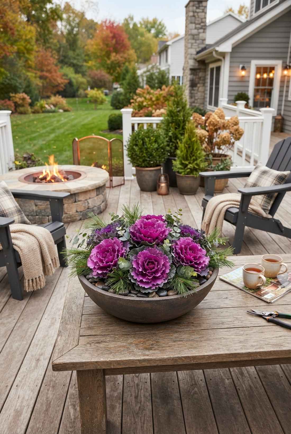 ornamental cabbage and evergreen bowl