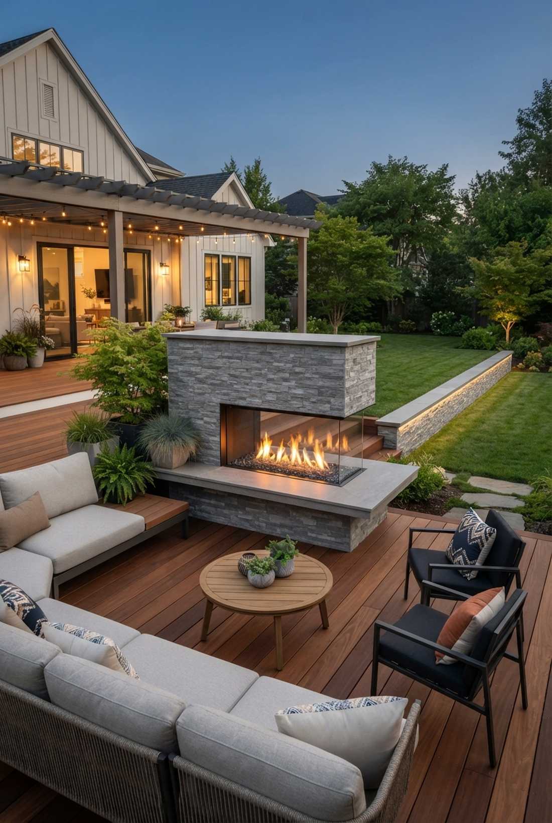 peninsula fireplace with three sided viewing